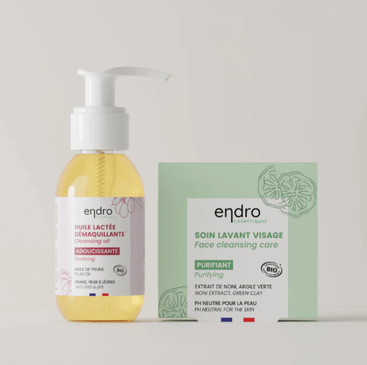 Double cleansing routine featuring natural ingredients, including noni extract and plum oil, for a radiant complexion.