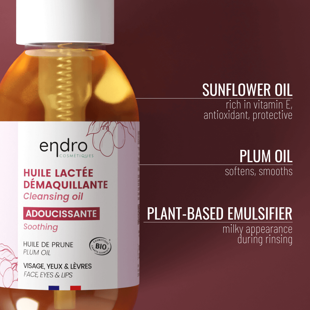 Cleansing oil featuring sunflower and plum oil, highlighting natural ingredients in a soothing facial care routine.