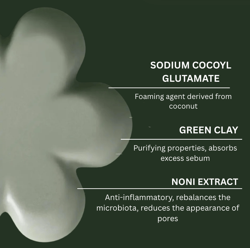 Natural face cleanser ingredients: Sodium Cocoyl Glutamate, Green Clay, Noni Extract for clean beauty and healthy skin.