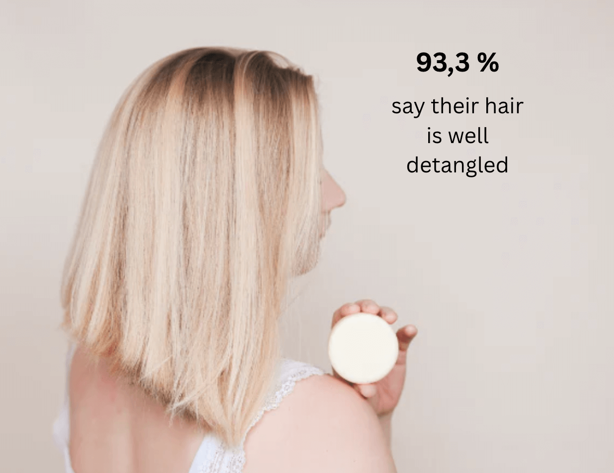 Girl holding solid shampoo, demonstrating effective detangling for healthy hair. Proven 93.3% satisfaction.