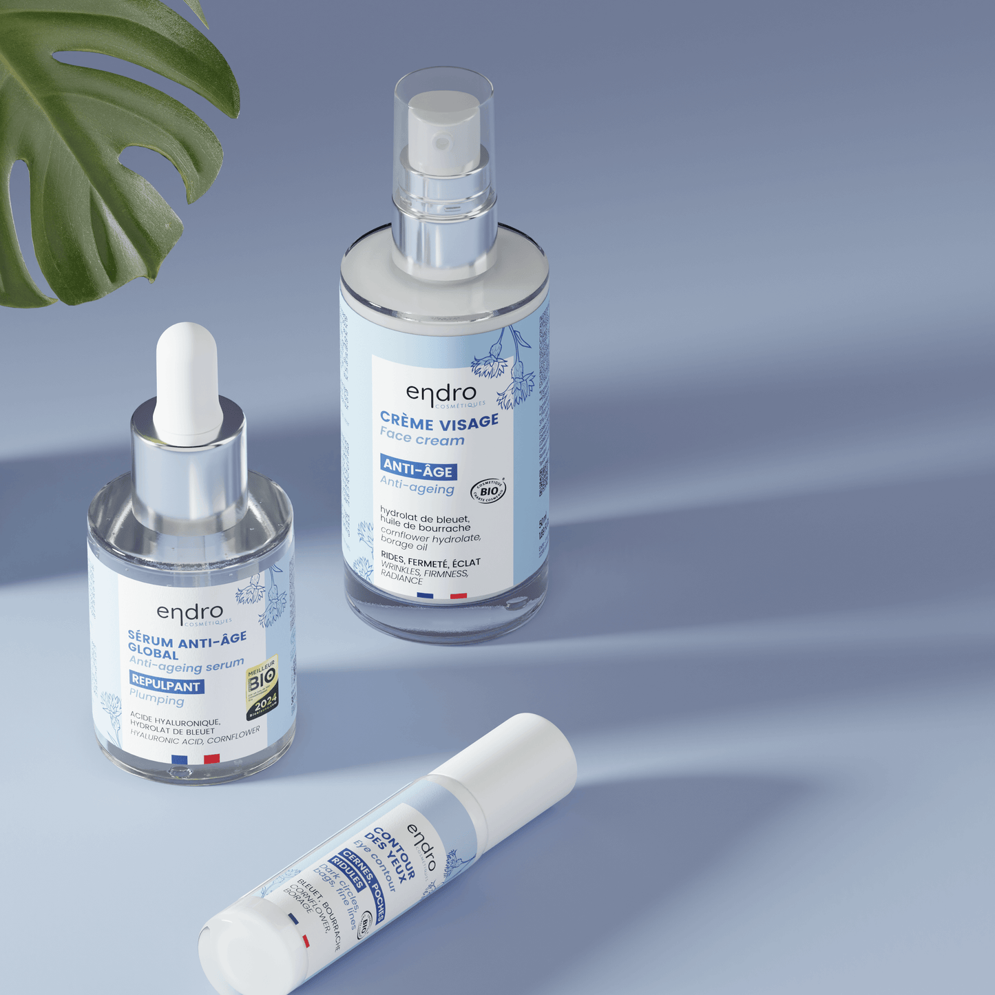 Anti-aging skincare products featuring clean beauty ingredients for hydration and firmness in a day routine, French-made.