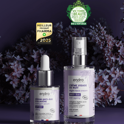 Anti-aging skincare night routine featuring natural ingredients, featuring a collagen serum and rich cream for mature skin.