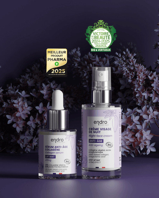 Anti-aging skincare night routine featuring natural ingredients, featuring a collagen serum and rich cream for mature skin.
