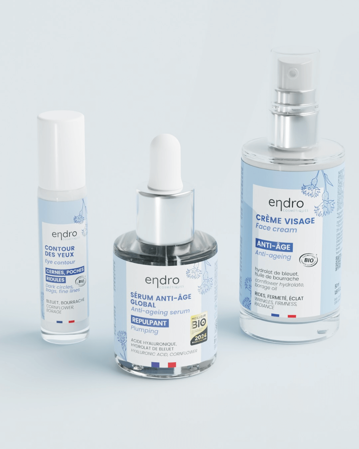 Anti-aging skincare day routine featuring clean beauty serums and creams for firmer, hydrated skin. French-made products.