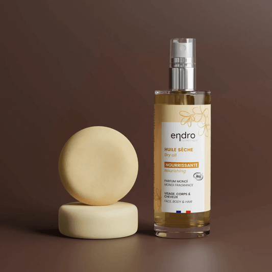 Natural nourishing dry oil and solid shampoo from Endro, ideal for curly hair care and French clean beauty.