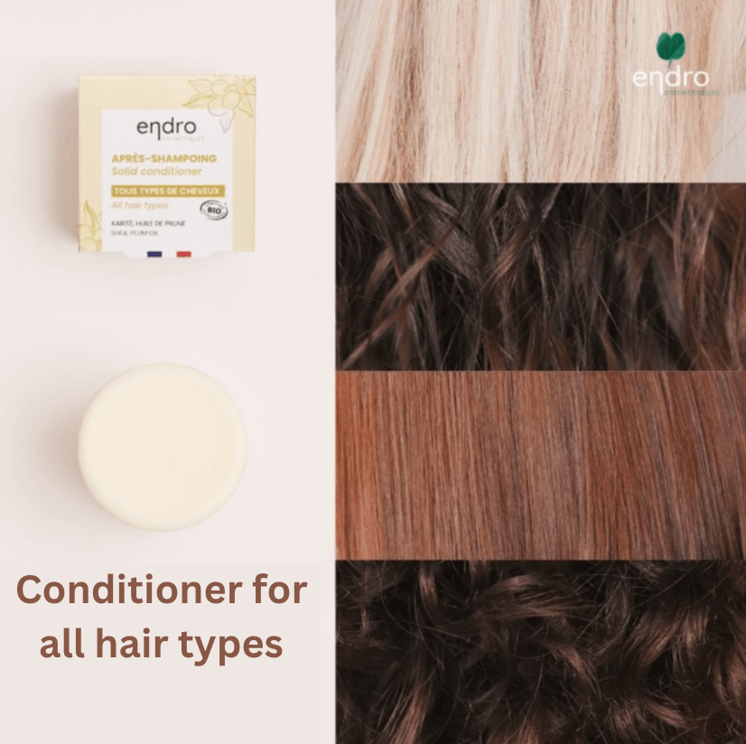Solid conditioner for all hair types, featuring natural formula, clean beauty approach, and sustainable packaging.