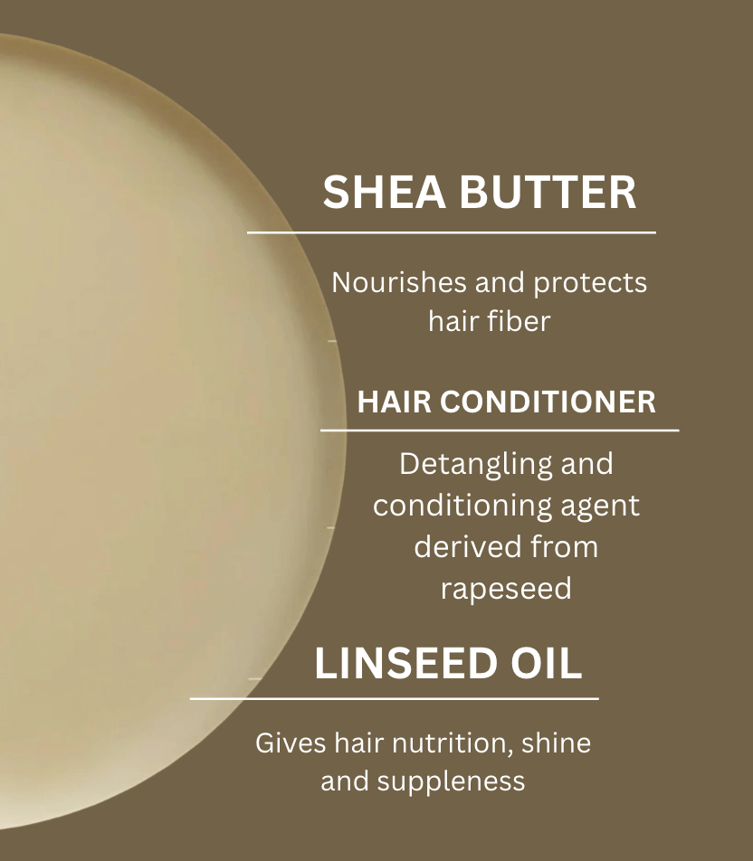 Shea butter, hair conditioner, and linseed oil ingredients for nourishing curly hair care.
