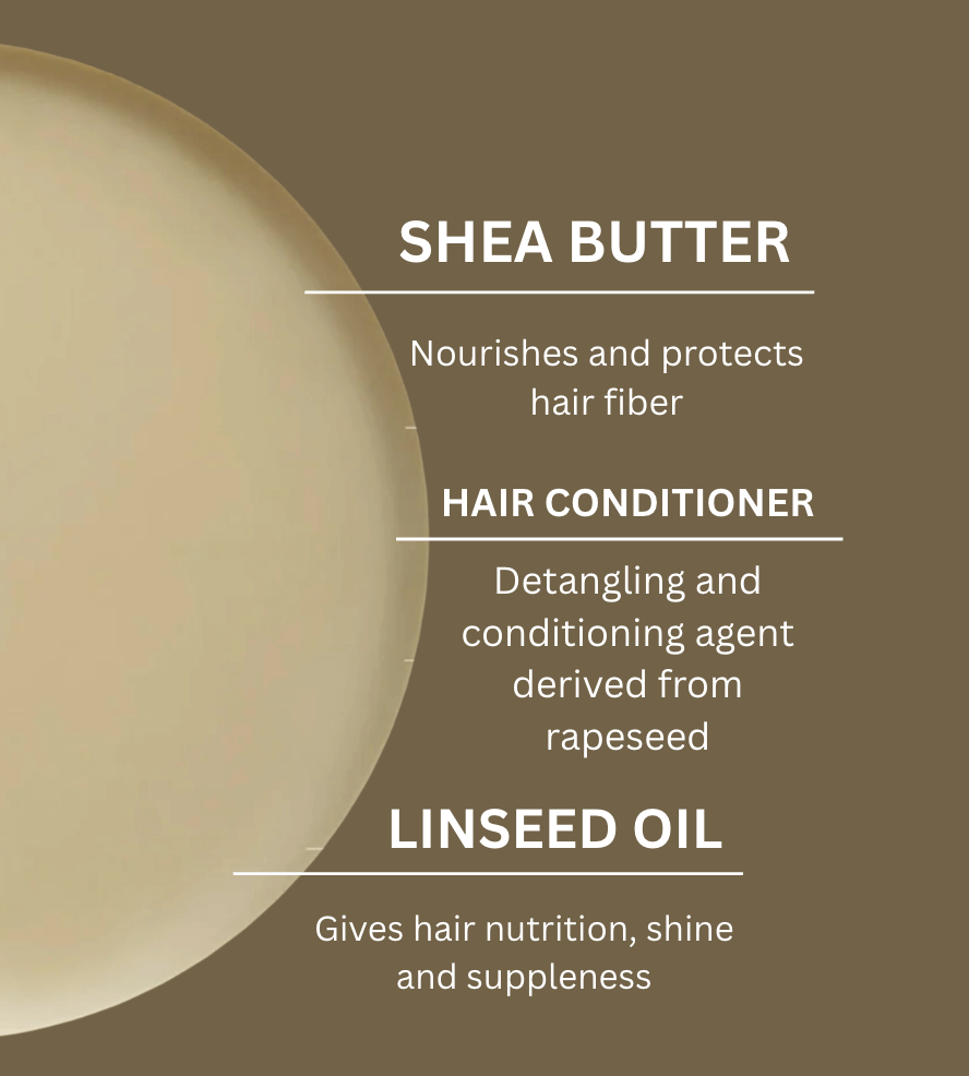 Close-up of hair care ingredients: shea butter, linseed oil, and hair conditioner for natural hair nourishment.