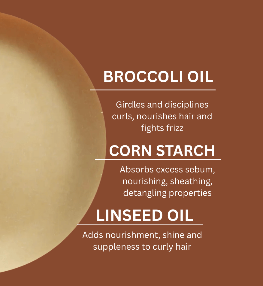 Broccoli oil, corn starch, and linseed oil benefits for curly hair: nourishes, fights frizz, detangles, adds shine.