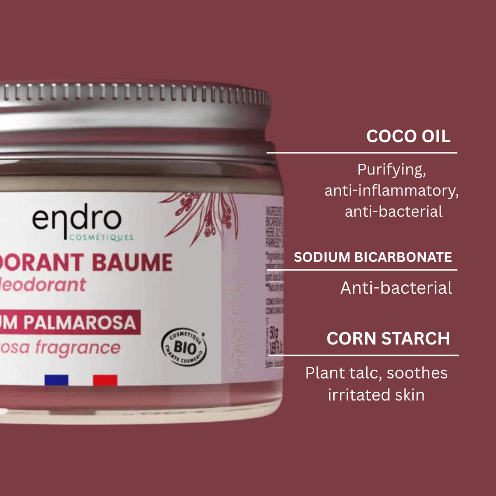 Natural solid deodorant with Palmarosa, aluminum-free, featuring coconut oil and sodium bicarbonate for clean beauty.