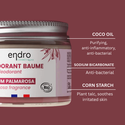 Natural solid deodorant with Palmarosa, aluminum-free, featuring coconut oil and sodium bicarbonate for clean beauty.