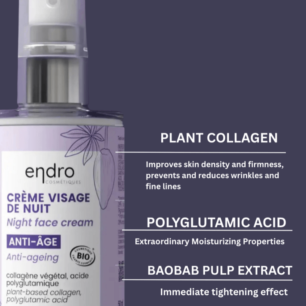 Endro Night Cream for anti-aging with plant collagen, polyglutamic acid, and baobab extract for firm skin.