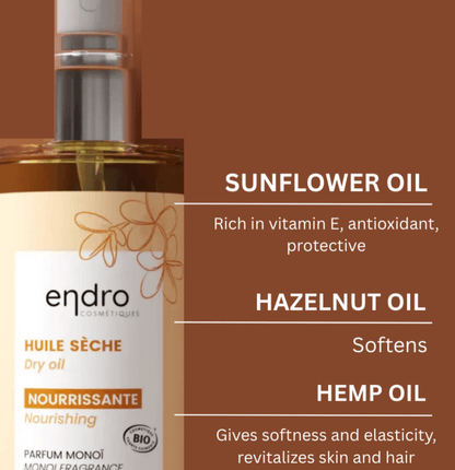 Nourishing dry oil with sunflower, hazelnut, and hemp oils for skin and hair hydration, from Endro Cosmétiques.
