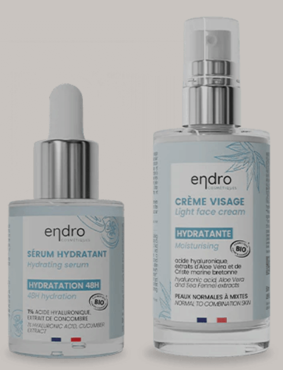 Hydrating serum and light face cream for dry skin, featuring natural ingredients and clean beauty principles.