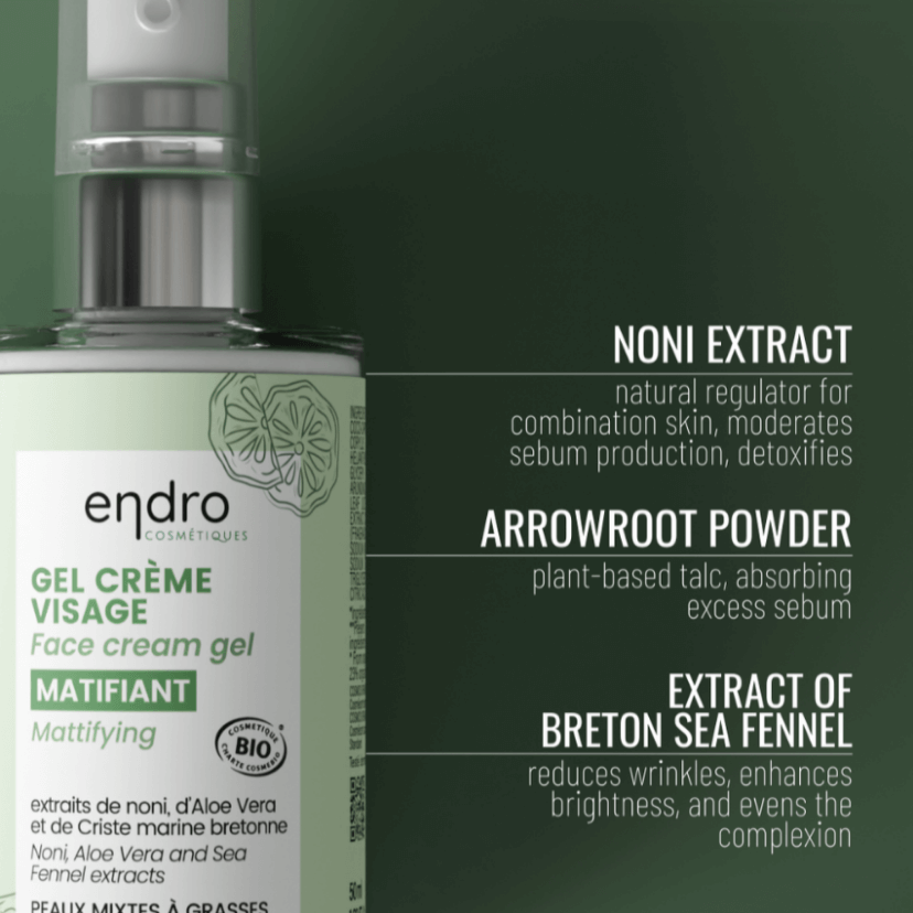 Anti-blemish skincare gel cream with noni extract, arrowroot powder, and Breton sea fennel for sensitive, oily skin.