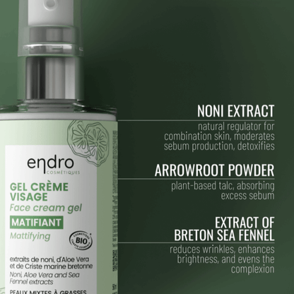 Anti-blemish skincare gel cream with noni extract, arrowroot powder, and Breton sea fennel for sensitive, oily skin.
