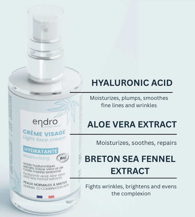 Hydrating face cream with hyaluronic acid, aloe vera, and sea fennel for moisturising skincare and clean beauty.