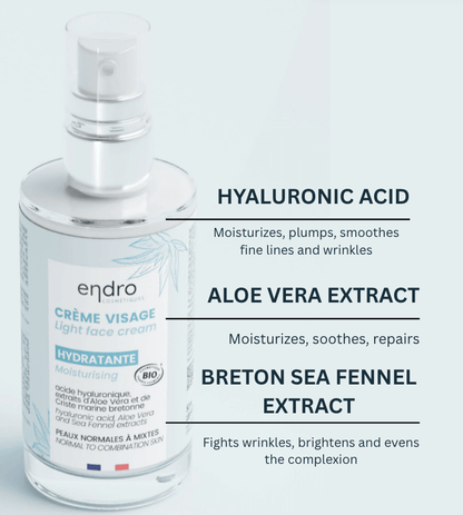 Hydrating face cream with hyaluronic acid, aloe vera, and sea fennel for moisturising skincare and clean beauty.