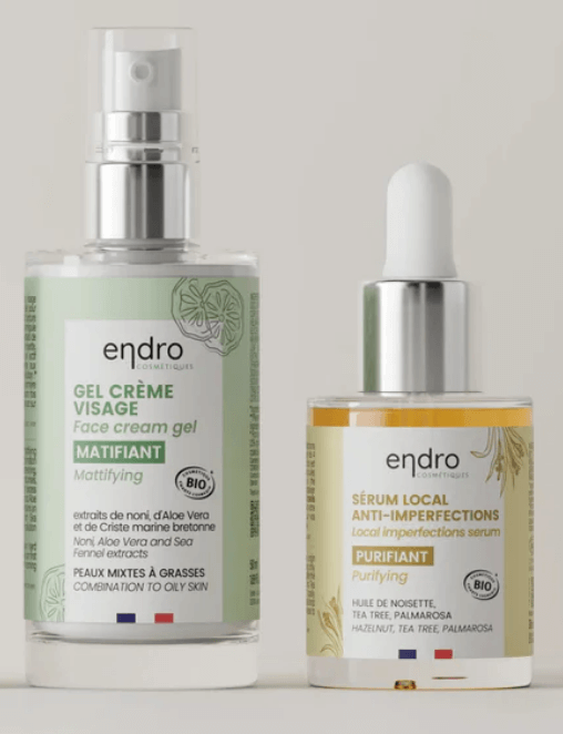 Anti-blemish routine featuring mattifying gel cream and purifying serum for oily, sensitive skin with clean ingredients.