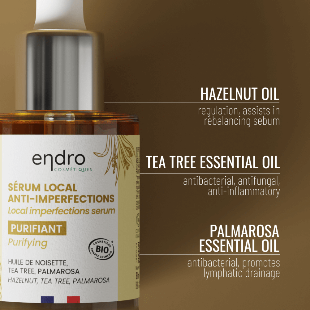 Endro anti-imperfections serum featuring hazelnut, tea tree, and palmarosa essential oils for purifying care.