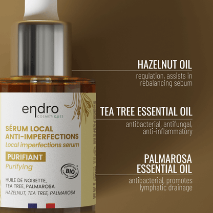 Endro anti-imperfections serum featuring hazelnut, tea tree, and palmarosa essential oils for purifying care.