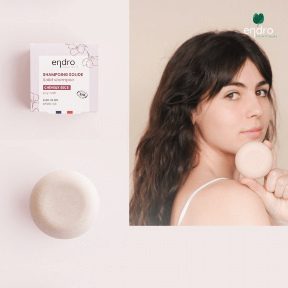 Solid shampoo for dry hair with nourishing oils, sulfate-free, featuring natural ingredients for hydration and care.
