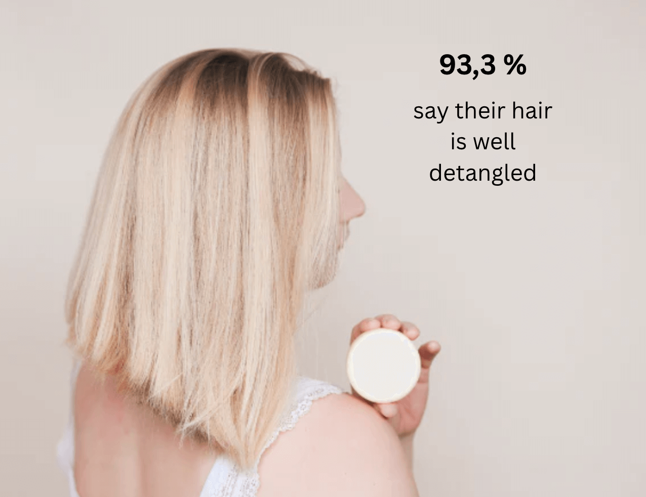 Solid conditioner for all hair types promoting detangled, nourished hair with natural ingredients and zero waste packaging.