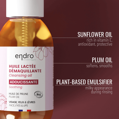 Cleansing oil featuring sunflower and plum oil, highlighting natural ingredients in a soothing facial care routine.