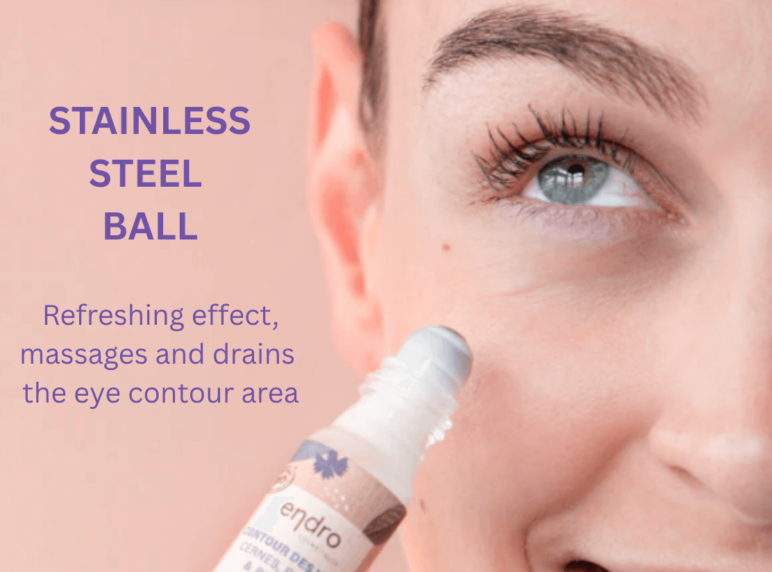 Refresh and massage eye contour with stainless steel ball applicator for rejuvenated skin.