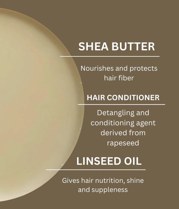Solid conditioner ingredients: shea butter nourishes hair, linseed oil adds shine and conditioning from rapeseed.