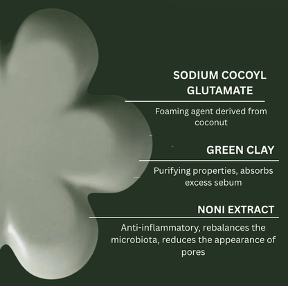 Natural face cleanser ingredients: Sodium Cocoyl Glutamate, Green Clay, Noni Extract for clean beauty and healthy skin.
