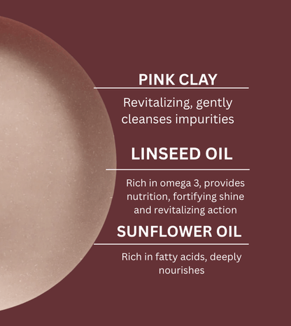 Solid shampoo ingredients: pink clay for cleansing, linseed oil for shine, and sunflower oil for deep nourishment.